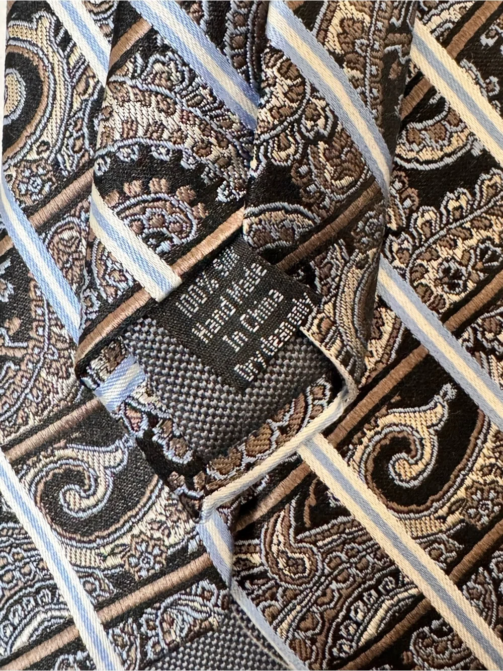 Pronto Uomo Men’s Necktie Black, Brown & Light Blue Paisley Silk Tie